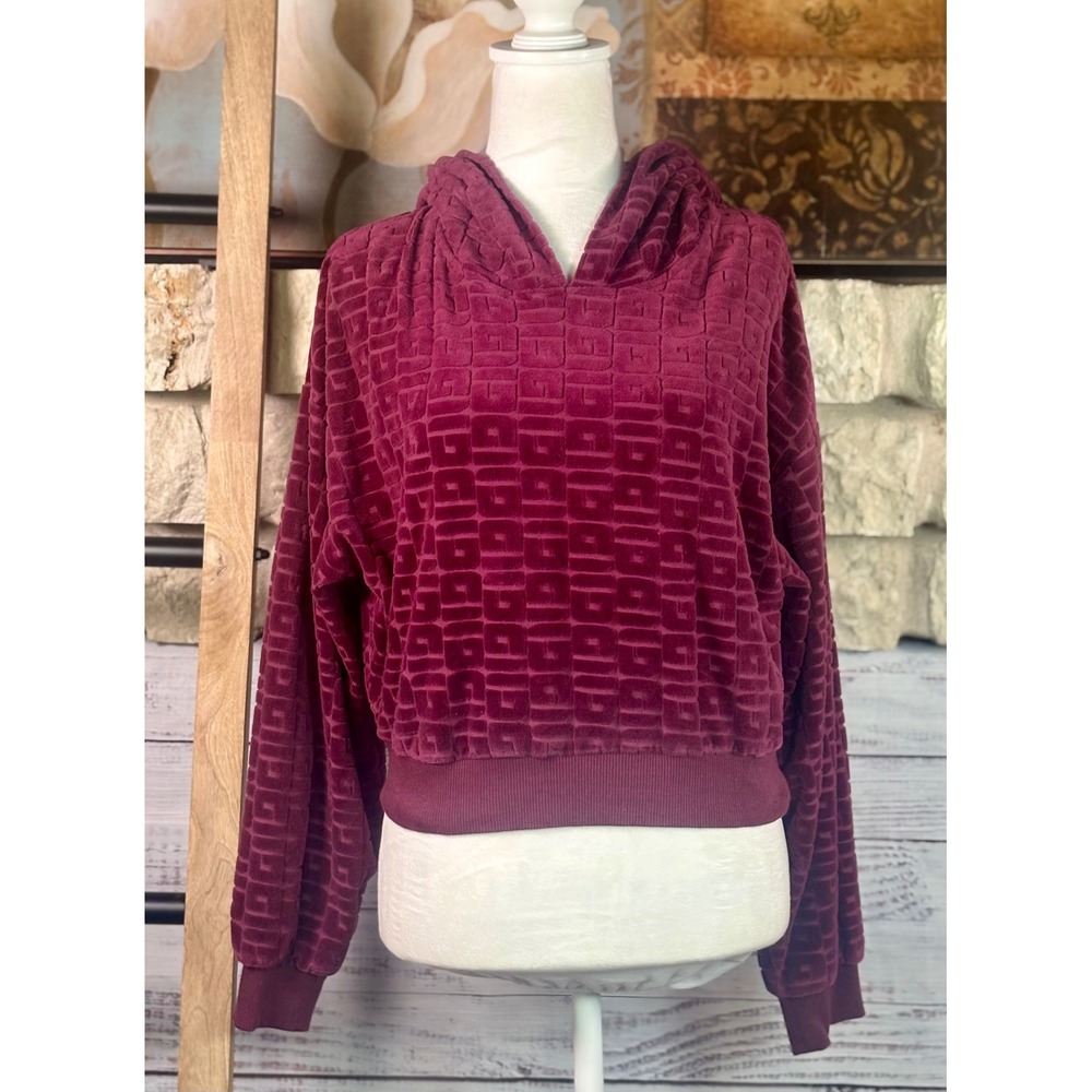 Guess Burgundy Geometric Velour Cropped Hoodie Cotton Blend Size Small